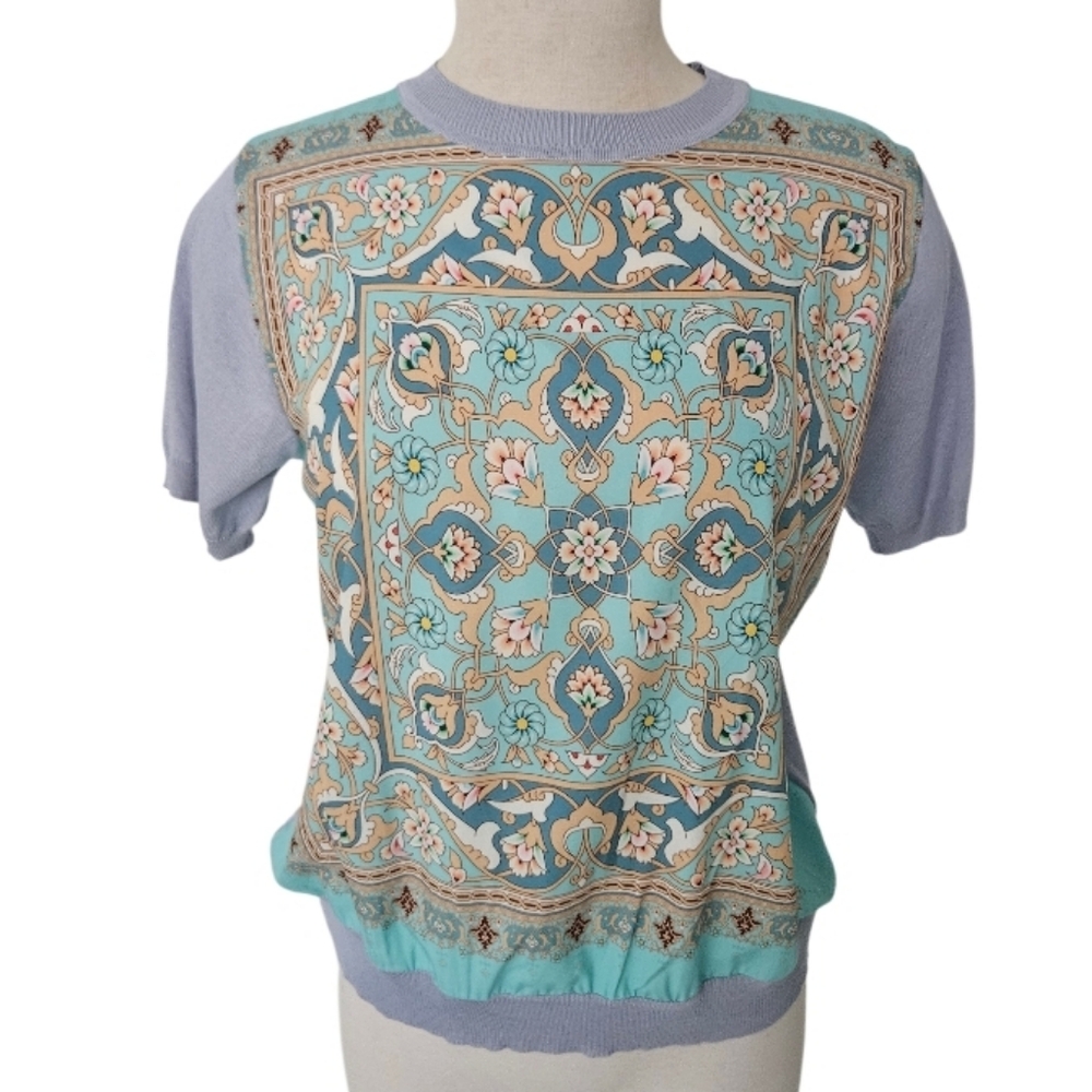 Elegant Blue Patterned Women's Silk Knit Top